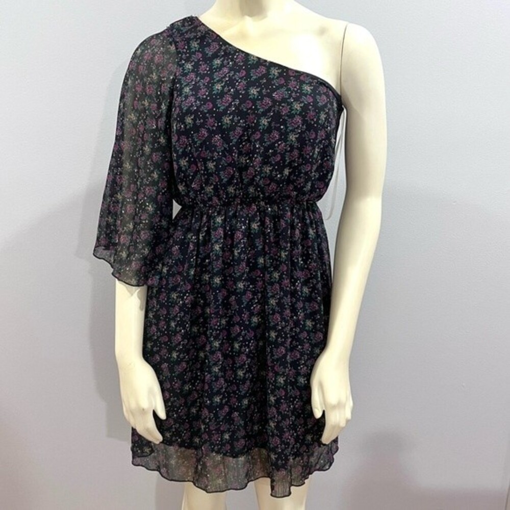 Black and purple one shoulder ditsy floral dress size small